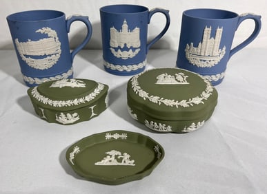 COLLECTION OF VINTAGE GREEN AND BLUE WEDGWOOD JASPERWARE
