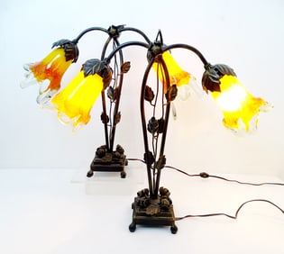 PAIR OF VINTAGE ART NOUVEAU STYLE  LAMPS WITH MURANO STYLE GLASS SHADES