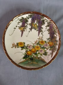 STUNNING JAPANESE CLOISONNE PLATE W/ WISTERIA, CHRYSANTHEMUMS AND VINES, MILD CRAZING THROUGHOUT,