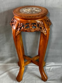 VINTAGE ASIAN MARBLE TOP CARVED TABOURET
