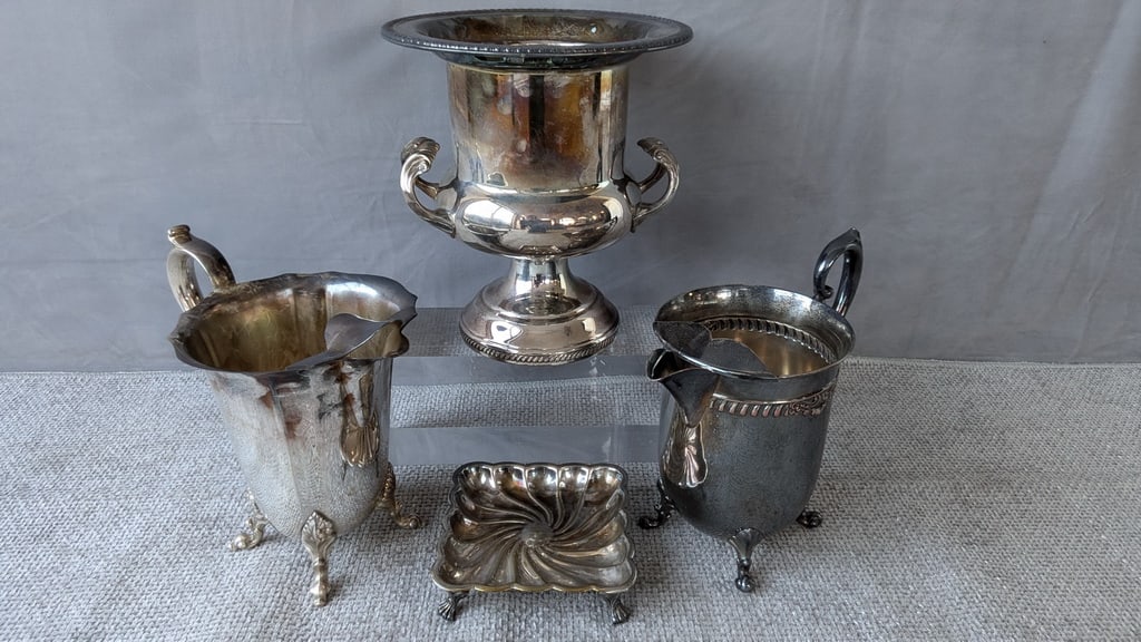 LIVING ESTATE OF JOSEPH RODANO: TWO IMPRESSIVE ENGLISH SILVERPLATE CHAMPAGNE/WINE COOLERS & TRAY (1 of 12)