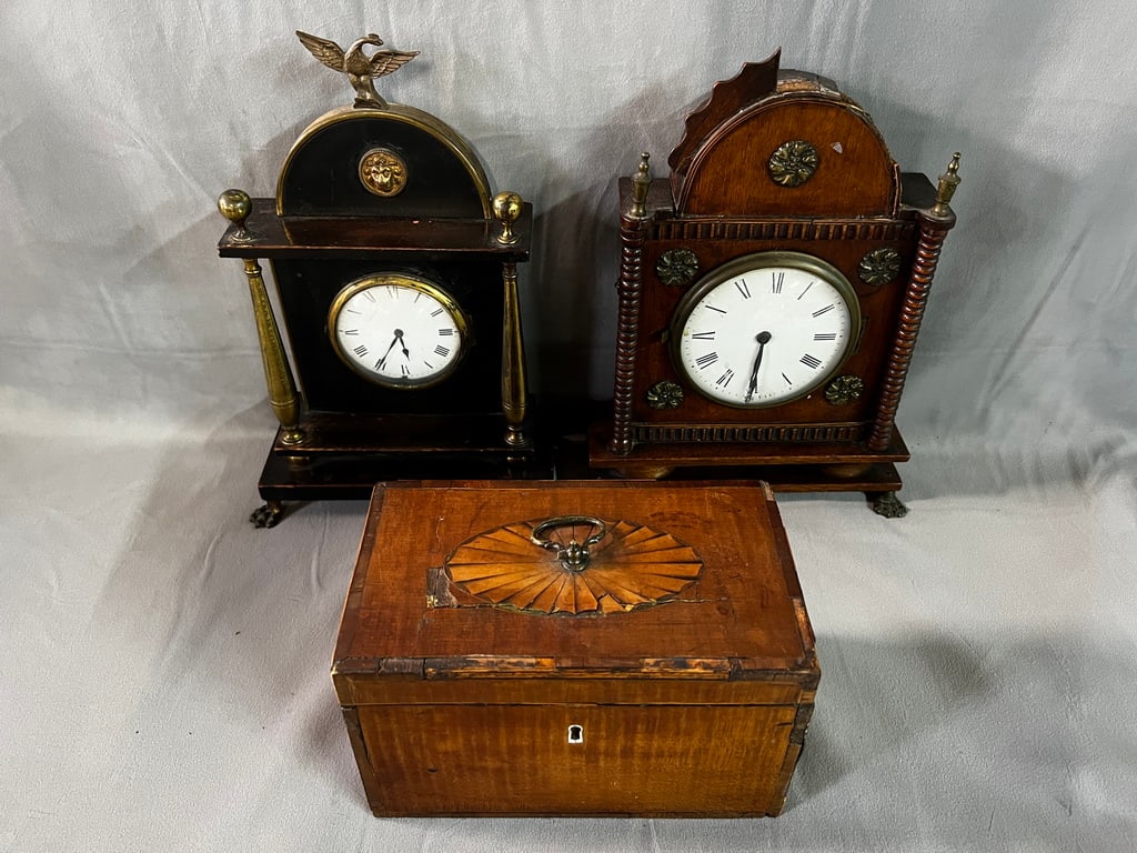 PAIR OF ANTIQUE CLOCKS AND VINTAGE INLAID WOODEN BOX (1 of 20)