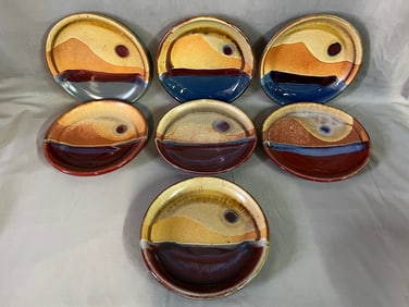 LIVING ESTATE OF JOSEPH RODANO: COLLECTION OF SEVEN VINTAGE WALT GLASS POTTERY SUNSET PLATES