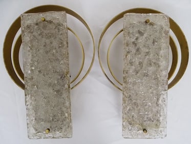 PAIR OF INCREDIBLE LARGE VINTAGE BRUTALIST & MID CENTURY/MCM ICE GLASS & METAL SCONCES