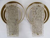 PAIR OF INCREDIBLE LARGE VINTAGE BRUTALIST & MID CENTURY/MCM ICE GLASS & METAL SCONCES