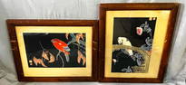 PAIR OF ANTIQUE JAPANESE BIRD THEMED WOOD BLOCK PRINTS