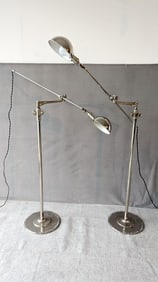 TWO VINTAGE OC WHITE CHROME PLATED ADJUSTABLE ARM FLOOR LAMPS