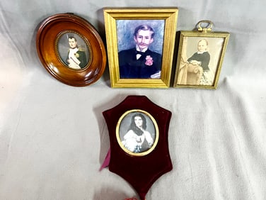 COLLECTION OF THREE VINTAGE MINATURE PORTRAITS AND FRAME