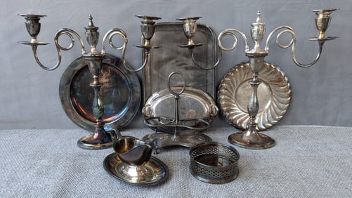 LIVING ESTATE OF JOSEPH RODANO: COLLECTION OF VINTAGE SILVER PLATE INCLUDING TWO LARGE CANDELABRAS