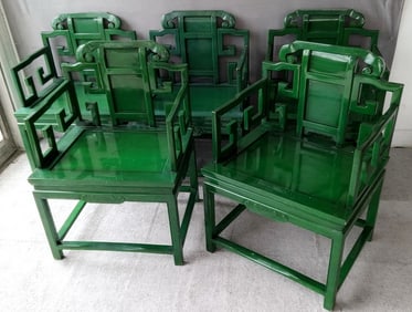 SET OF 5 EARLY 20TH CENTURY GREEN LACQUERED CHINESE CHIPPENDALE STYLE ARMCHAIRS 34" X 24" X 20"