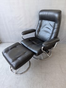 MIDCENTURY LEATHER AND CHROME EKORNES CHAIR AND OTTOMAN