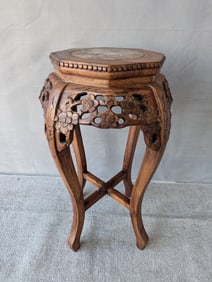 VINTAGE ASIAN MARBLE TOP CARVED TABOURET