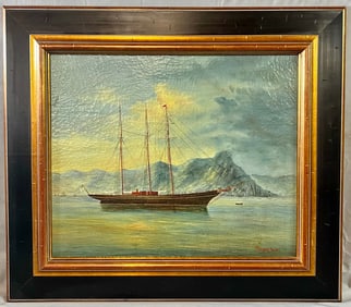 MARITIME SCENE OF A THREE MASTED BARQUE, SIGNED BY 20TH CENTURY ARTIST TREVOR JAMES OIL ON CANVAS,