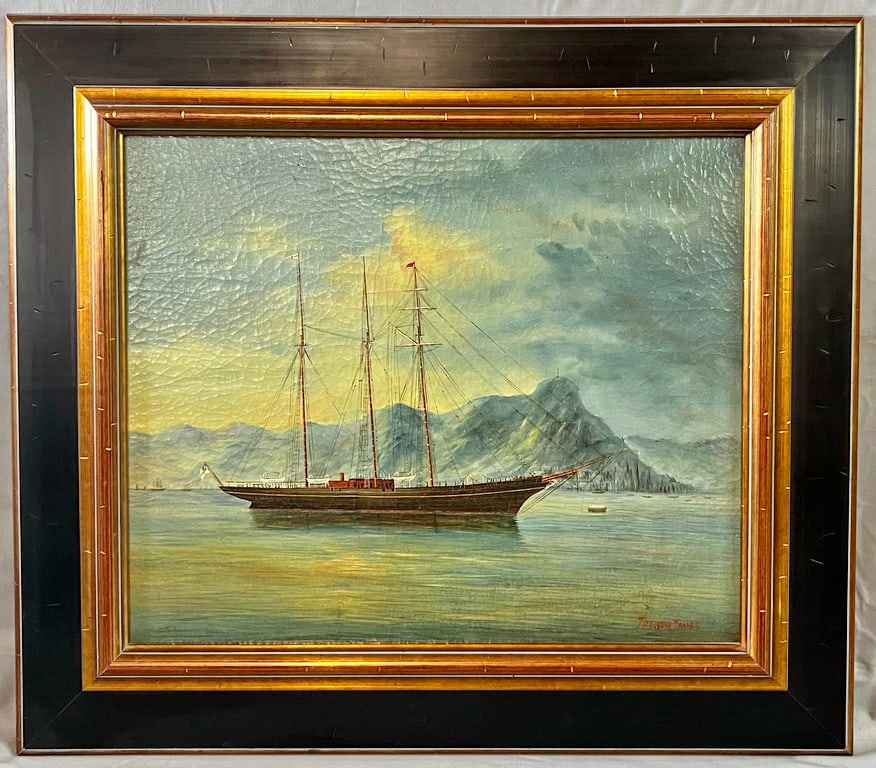 MARITIME SCENE OF A THREE MASTED BARQUE, SIGNED BY 20TH CENTURY ARTIST TREVOR JAMES OIL ON CANVAS,: This maritime scene, featuring a three-masted barque, is a captivating oil on canvas painting by the 20th-century artist Trevor James. The painting measures 28" x 32.5" and is beautifully framed. The