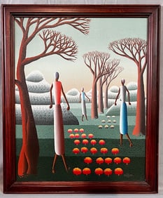 HAITIAN ACRYLIC ON MASONITE PAINTING OF THREE WOMEN BY RENOWED ARTIST ROBERT DAMOUR, OVERALL 23" X
