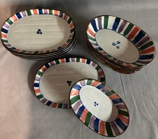 KOBAYASHI POTTERY ARITA WARE DISHES WITH REACTIVE GLAZE EXTERIOR & WHITE SLIP AND STRIPED INTERIOR