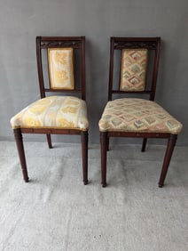 NEAR PAIR OF ANTIQUE REGENCY MAHOGANY BRASS MOUNTED UPHOLSTERED SIDE CHAIRS