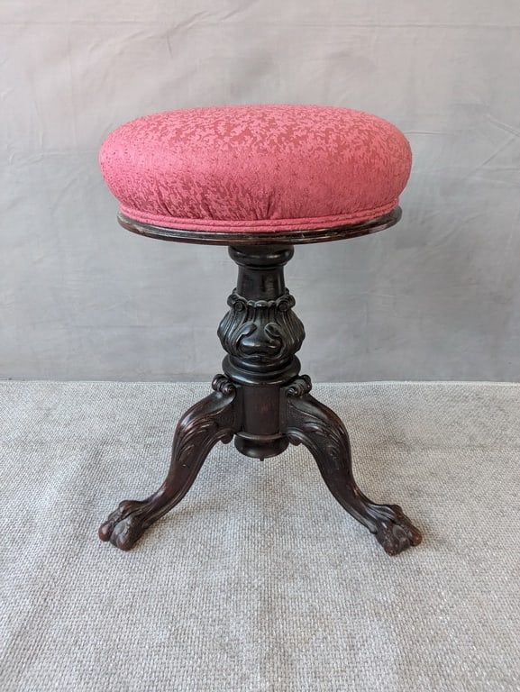 ANTIQUE 19TH CENTURY VICTORIAN MAHOGANY ADJUSTABLE SWIVEL PIANO STOOL WITH TALON FEET (1 of 9)