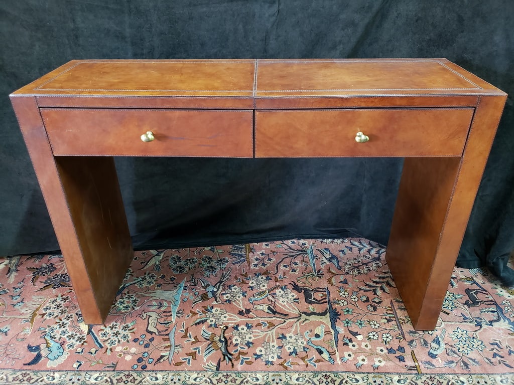 MID-CENTURY MODERN LEATHER WRAPPED TWO DRAWER CONSOLE TABLE (1 of 6)