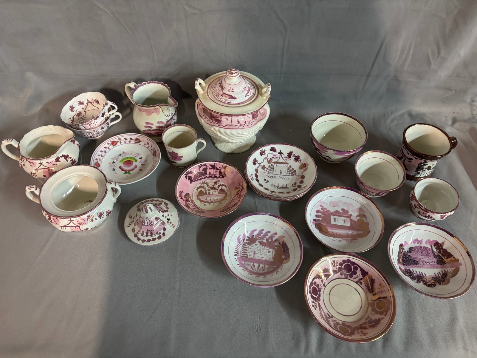 MIXED LOT OF 19TH CENTURY STAFFORDSHIRE LUSTREWARE: This collection of 19th-century Staffordshire lusterware, featuring a delicate pink and white palette, is a true treasure for collectors and enthusiasts of antique ceramics. The intricate patterns and
