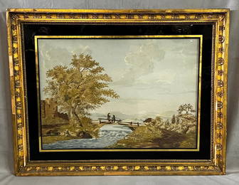 18TH CENTURY EMBROIDERED SILK WITH GOUACHE LANDSCAPE IN EGLOMISE FRAME