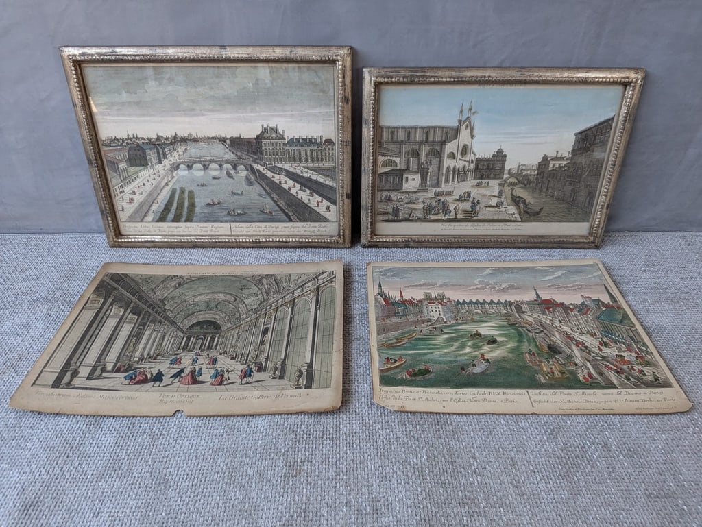 COLLECTION OF FOUR ANTIQUE HAND TINTED FRENCH ENGRAVINGS - TWO IN ANTIQUE SILVER GILT FRAMES (1 of 13)