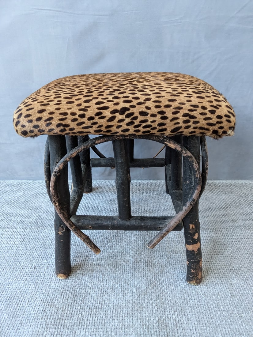 ANTIQUE BENTWOOD STOOL WITH FAUX CHEETAH UPHOLSTERY (1 of 8)