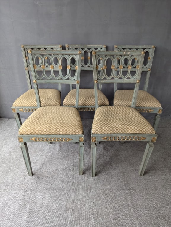 SET OF FIVE ANTIQUE ITALIAN NEO CLASSICAL GILT AND PAINT DECORATED SIDE CHAIRS (1 of 18)