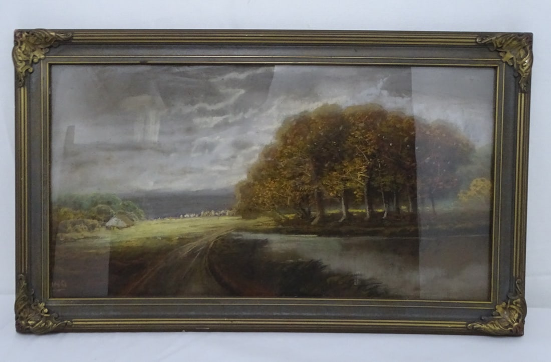 SIGNED AMERICAN IMPRESSIONIST OIL PAINTING: This American Impressionist oil painting, measuring 17.5" x 29.5", is a captivating portrayal of a rural landscape. The artist's skillful use of light and shadow creates a sense of depth and atmospher
