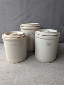 COLLECTION OF THREE RANSBOTTOM BLUE CROWN LIDDED STONEWARE CROCKS