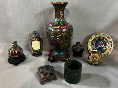 GROUP OF UNIQUE ASIAN ITEMS INCLUDING CLOISONNE VASE, SATSUMA, AND SNUFF BOTTLES