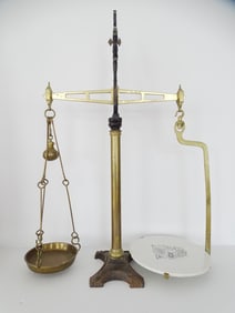 ANTIQUE BRASS, IRON AND PORCELAIN SCOTTISH BALANCE SCALE