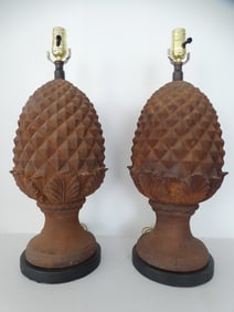 PAIR OF PINEAPPLE FINIAL FAUX RUST COMPOSITION LAMPS