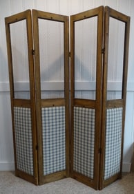 MID-CENTURY MODERN FOUR-PANEL FOLDING SCREEN WITH WIRE MESH AND UPHOLSTERED INSERTS