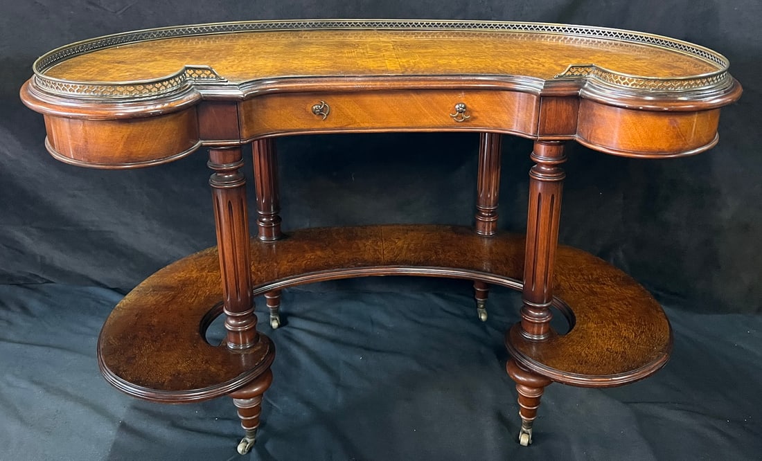 VINTAGE BURLED WALNUT VENEER | GALLERIED | KIDNEY SHAPED DESK/ SERVER (1 of 11)