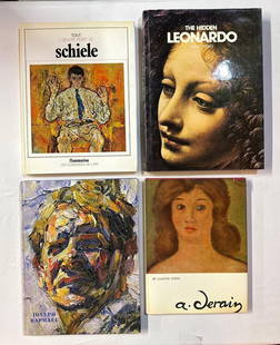 COLLECTION OF FOUR ART BOOKS INCLUDING "THE HIDDEN LEONARDO" BY MARCO ROSCI: This set of four art books offers a fascinating exploration of the works of renowned artists, including Egon Schiele, Leonardo da Vinci, Joseph Raphael, and André Derain. The Hidden Leonardo by Marco
