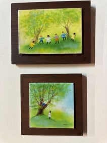 PAIR OF ENAMELED TILE PAINTINGS SIGNED ANDERSON