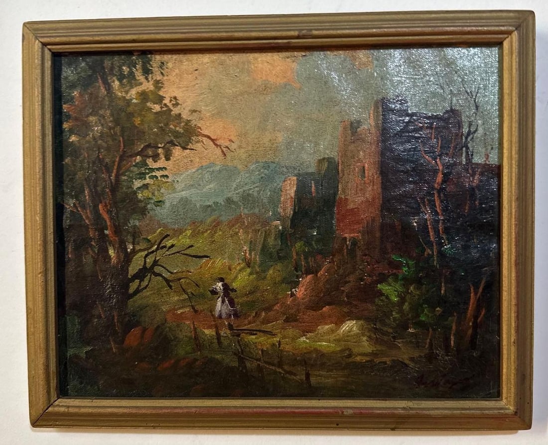PAINTING OF A CASTLE SCENE: This oil painting depicts a romantic and evocative castle scene, likely from the 18th or 19th century, judging by the style and subject matter. The artwork showcases the crumbling ruins of a medieval 