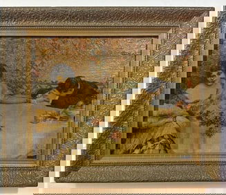 PRINT OF OIL PAINTING AFTER L REIDEL OF MAN AND WOMAN AT TABLE TITLED"THE END OF A DREAM"