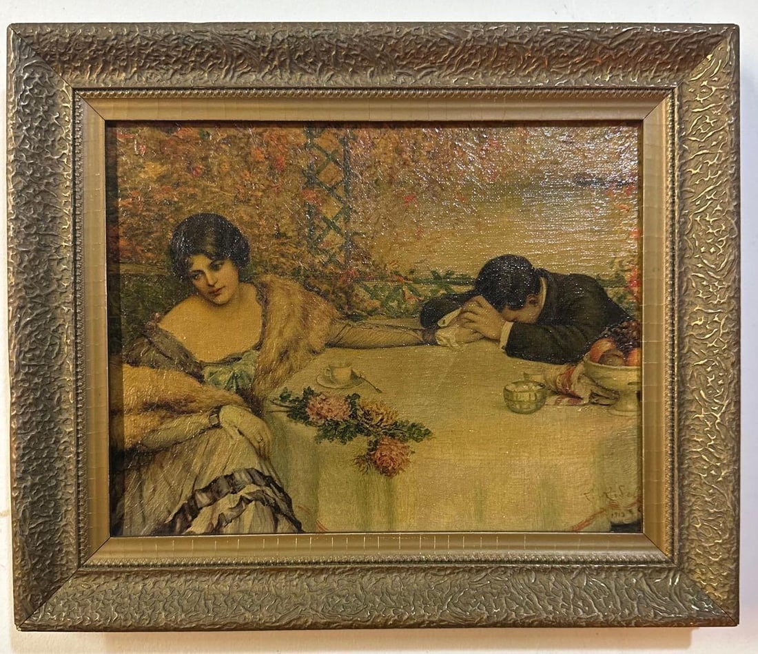 PRINT OF OIL PAINTING AFTER L REIDEL OF MAN AND WOMAN AT TABLE TITLED"THE END OF A DREAM" (1 of 2)