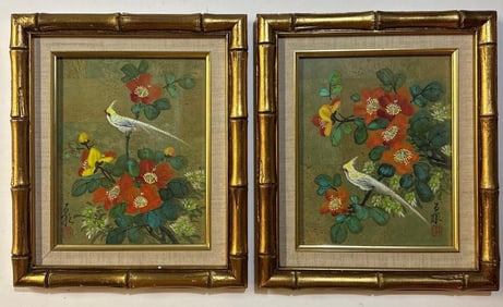 PAIR OF JAPANESE BIRD CORK WATERCOLORS IN GILT BAMBOO FRAMES