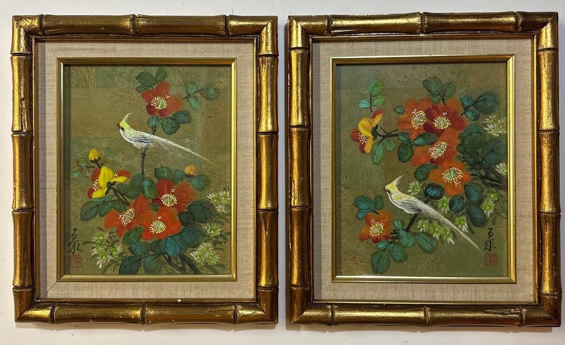 PAIR OF JAPANESE BIRD CORK WATERCOLORS IN GILT BAMBOO FRAMES (1 of 1)