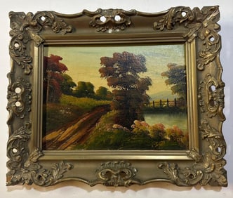 ANTIQUE OIL ON BOARD HUDSON RIVE SCENE SIGNED FINEL