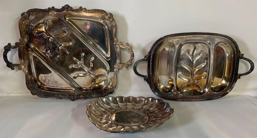 LIVING ESTATE OF JOSEPH RODANO: COLLECTION OF LARGE SILVER PLATE TRAYS INCLUDING REED AND BARTON