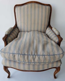 PAIR OF LOUIS XV STYLE FRUIT WOOD UPHOLSTERED DOWN CUSHION BERGERE CHAIRS
