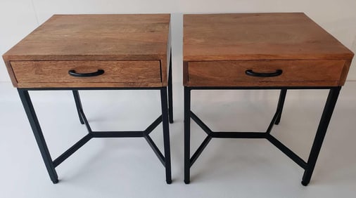 PAIR OF NATURAL WOOD AND IRON SINGLE DRAWER SIDE TABLES