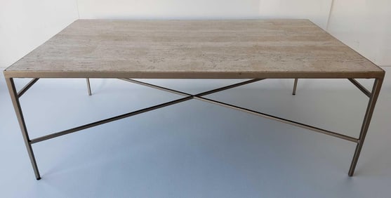 TESSELLATED TRAVERTINE MARBLE AND BRUSHED STEEL COFFEE TABLE