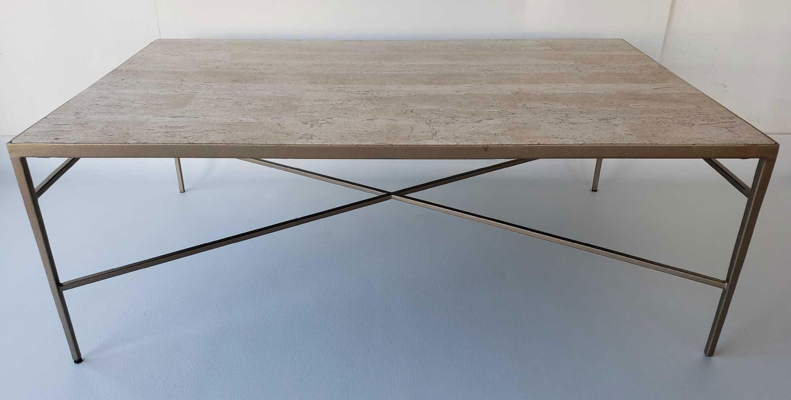 TESSELLATED TRAVERTINE MARBLE AND BRUSHED STEEL COFFEE TABLE (1 of 9)
