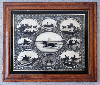 ENGLISH 19TH CENTURY REVERSE PAINTED SILHOUETTE EQUESTRIAN SCENES PAINTING 1860