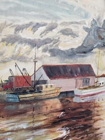 JOHN VROOLANDER '68 SIGNED ACRYLIC ON ARTIST BOARD "DOCK SCENE WITH FISHING BOATS"